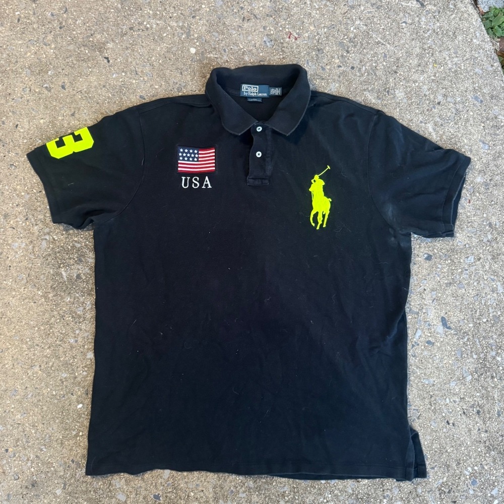 Polo Ralph Lauren Mens XXL Black Neon Big Pony USA Flag Polo Shirt Custom Fit
